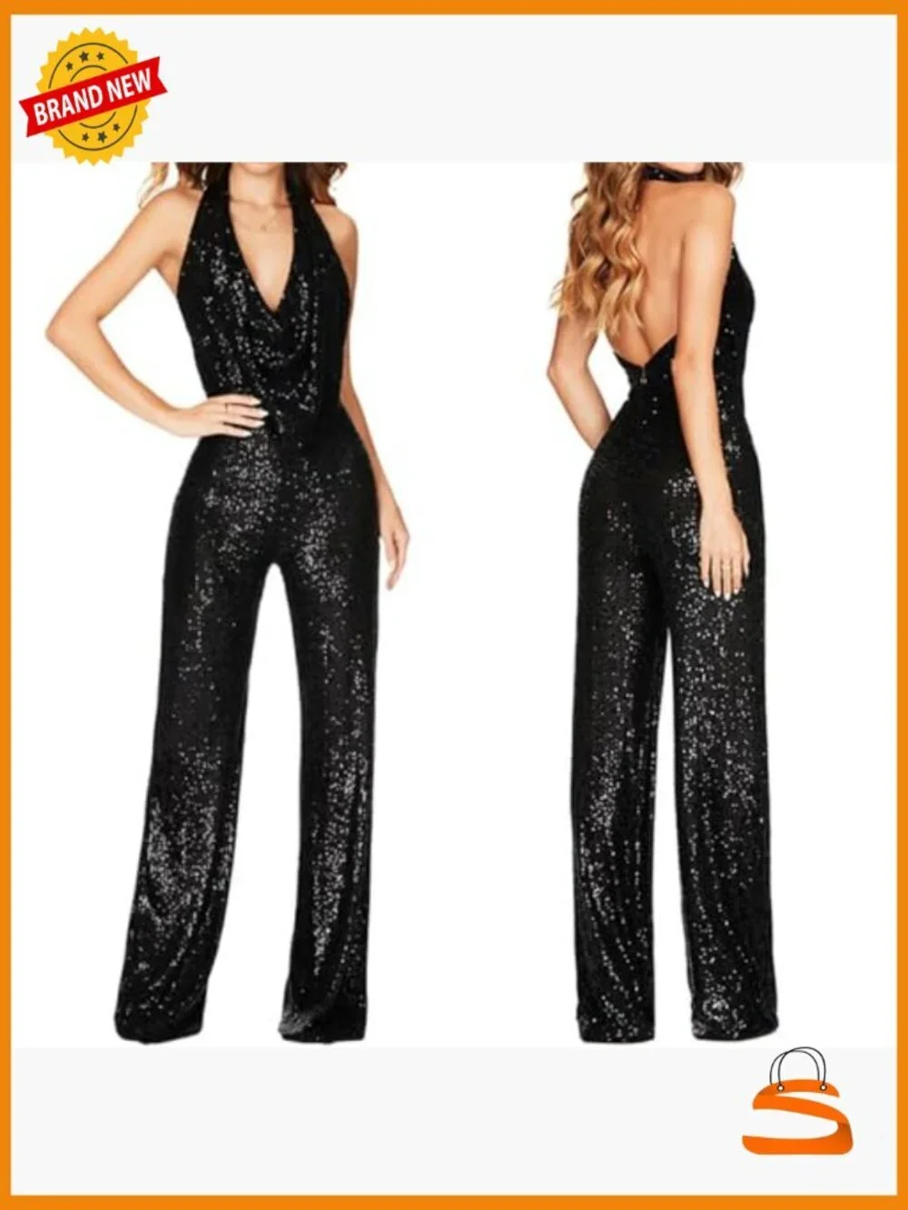 Halter Neck Sequin Jumpsuit Backless Wide Leg Glitter Pants